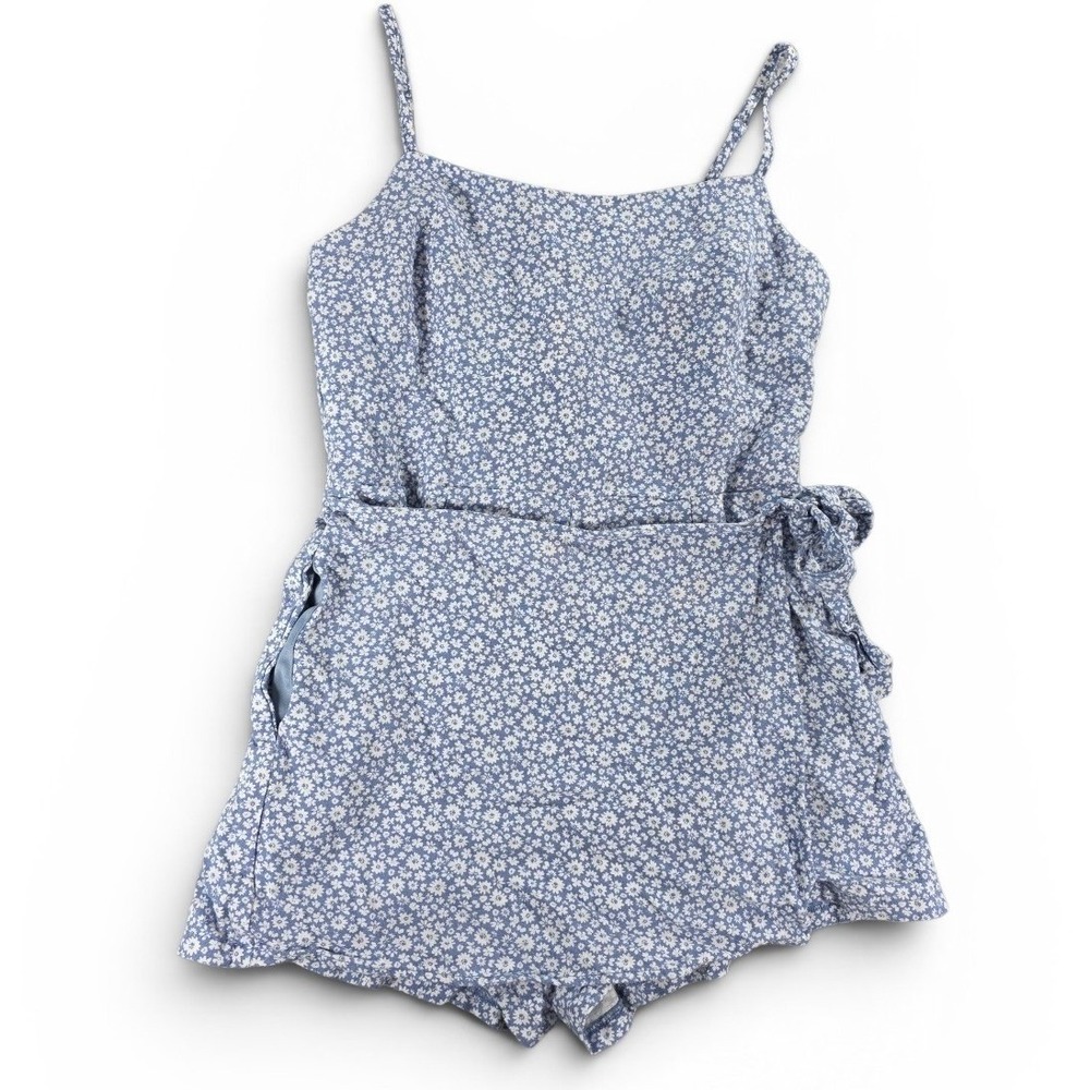 Altar'd State Womens Medium Blue Floral Romper Linen Blend‎ Boho Cottagecore Tie
